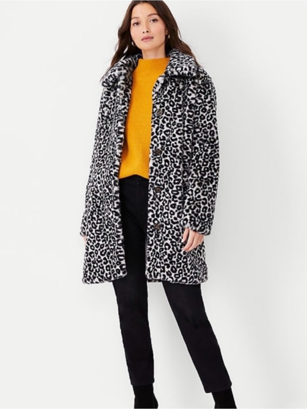 Ann Taylor Leopard-Print Faux Fur Teddy Jacket in Black & White